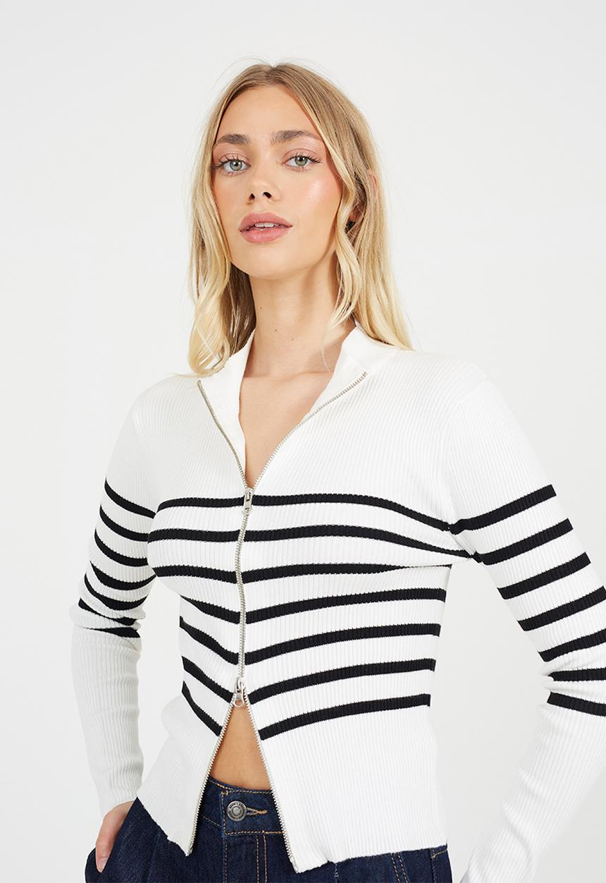 Brave Soul - Zip Through Turtle Neck Cardi With Stripe Detail - White/Black