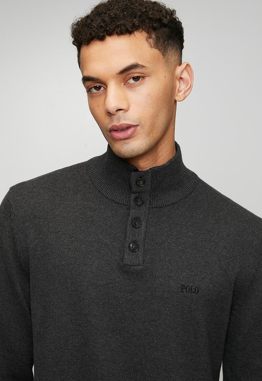 POLO - Torres 3 Button Funnel Neck Knitwear - Charcoal Melange