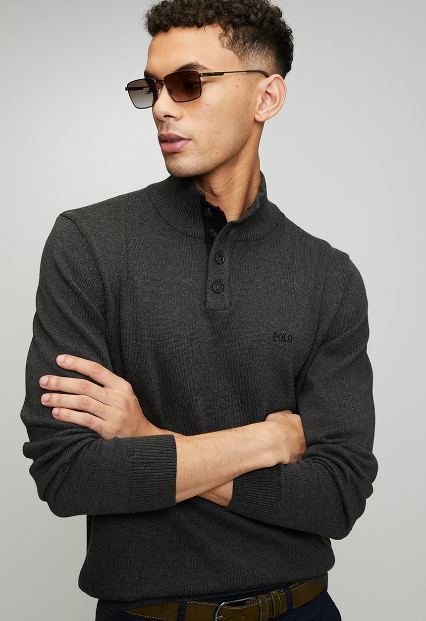 POLO - Torres 3 Button Funnel Neck Knitwear - Charcoal Melange