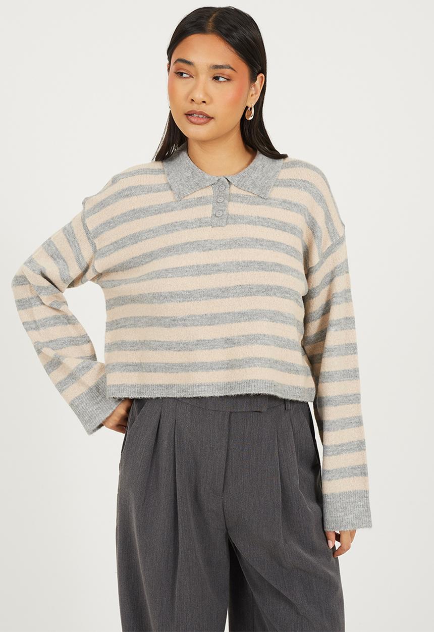 Brave Soul - JumperWith Deep Cuff - Dove Grey/Oatmeal Stripe
