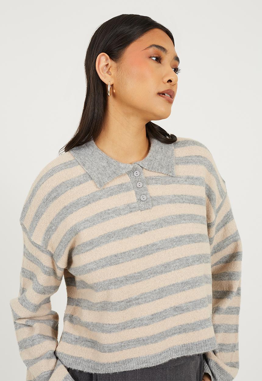 Brave Soul - JumperWith Deep Cuff - Dove Grey/Oatmeal Stripe