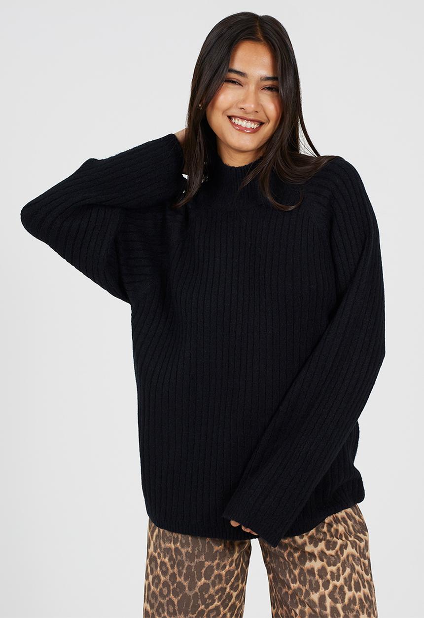 Brave Soul - Mossy Yarn Ribbed Raglan Sleeve Jumper With Turtle Neck - Black