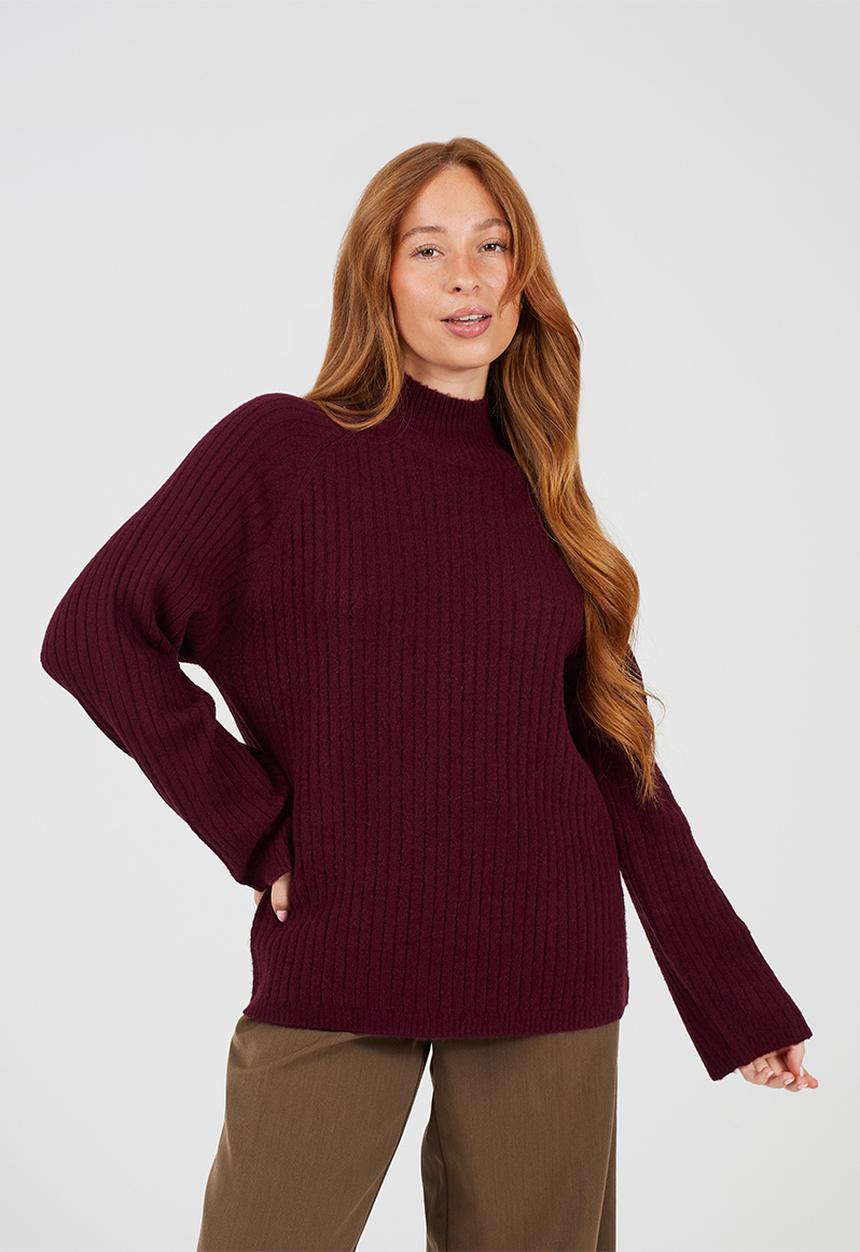 Brave Soul - Mossy Yarn Ribbed Raglan Sleeve Jumper With Turtle Neck - Wine