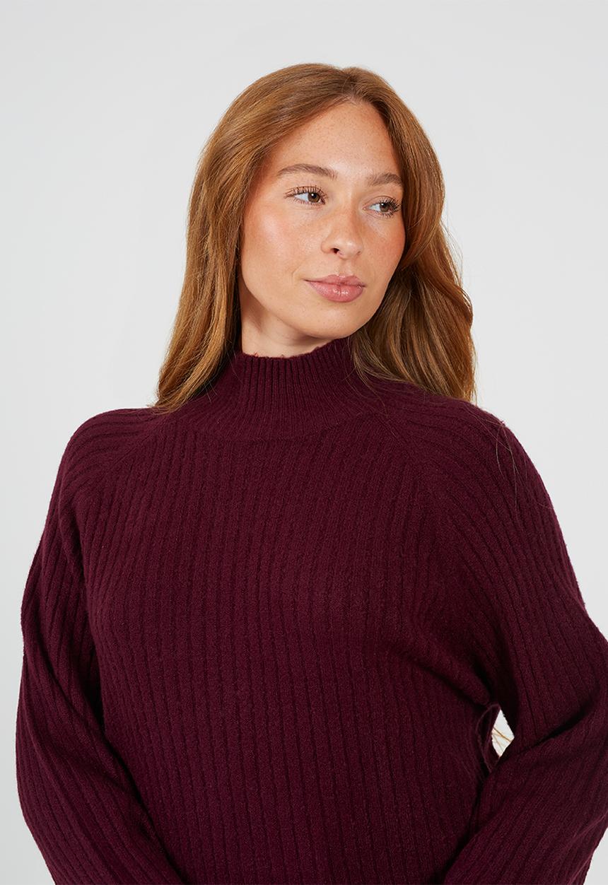 Brave Soul - Mossy Yarn Ribbed Raglan Sleeve Jumper With Turtle Neck - Wine