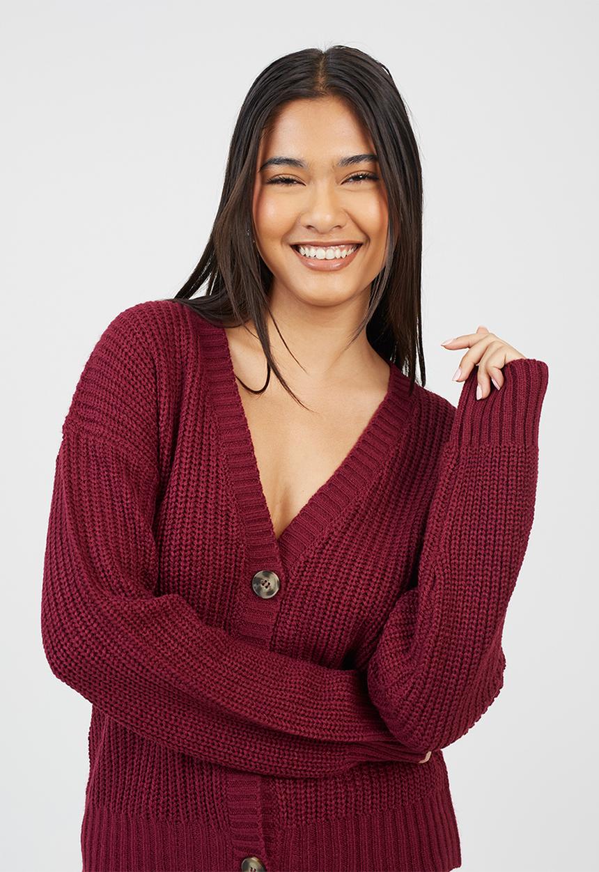 Brave Soul - Fisherman Rib Knit CardiWith V-Neck - Wine