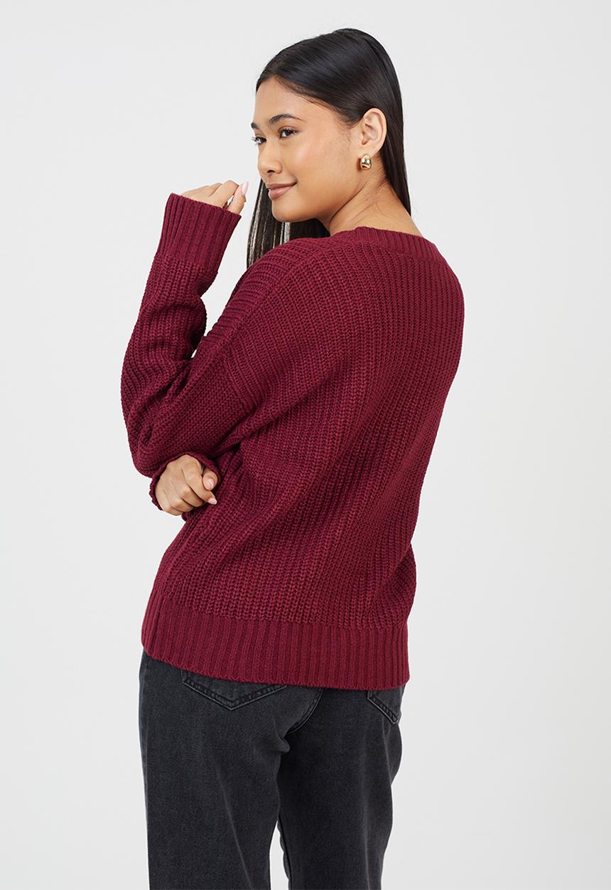 Brave Soul - Fisherman Rib Knit CardiWith V-Neck - Wine