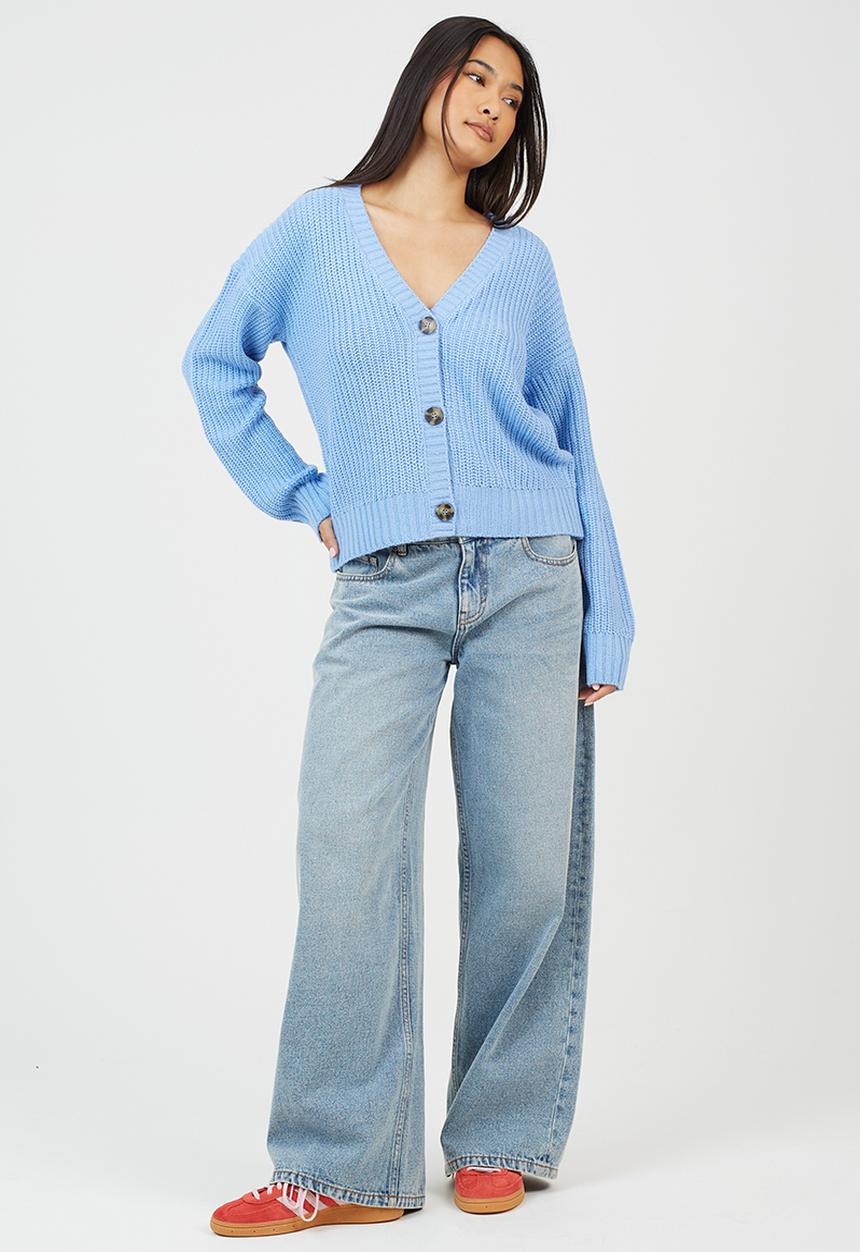 Brave Soul - Fisherman Rib Knit CardiWith V-Neck - Blue