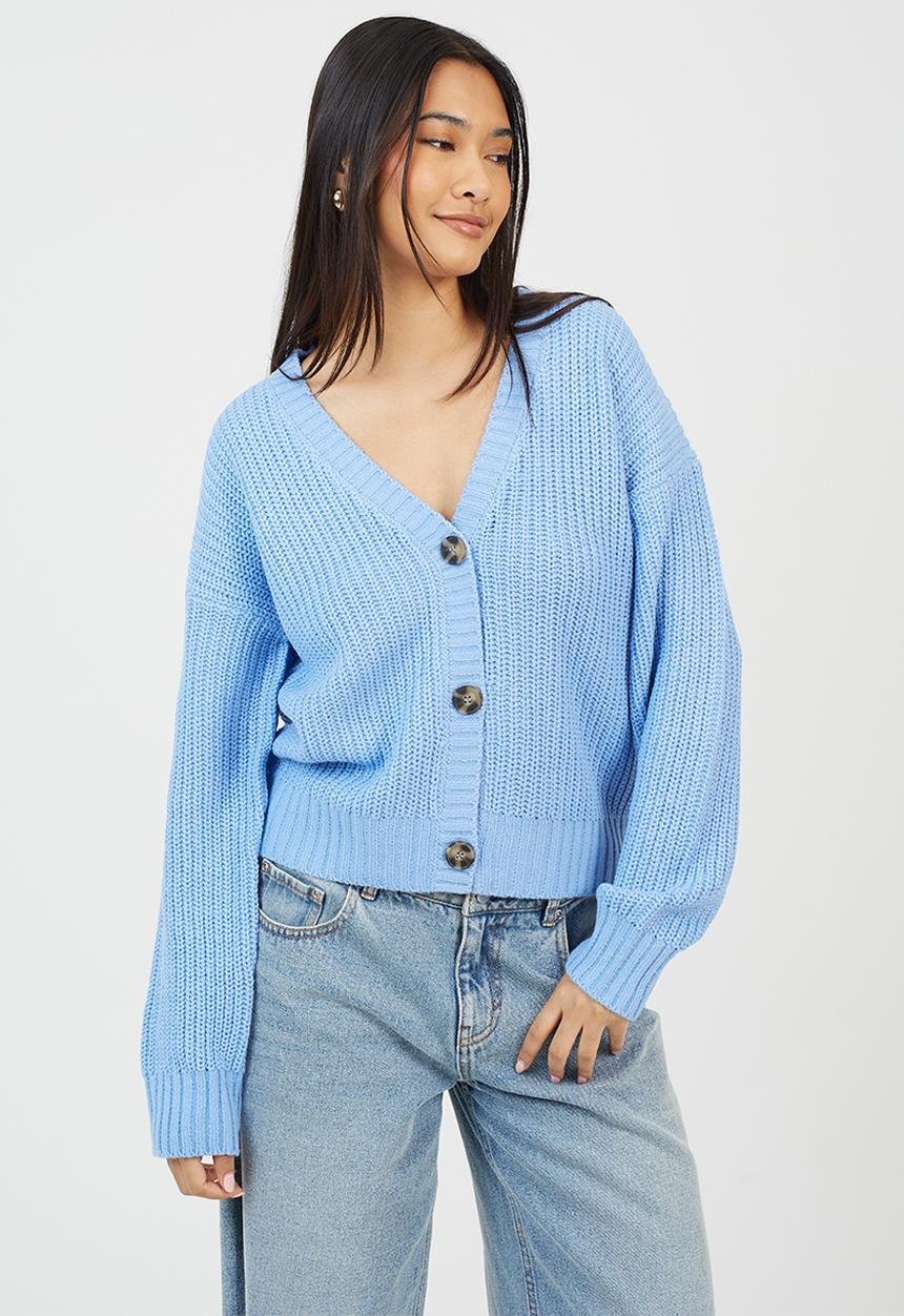Brave Soul - Fisherman Rib Knit CardiWith V-Neck - Blue