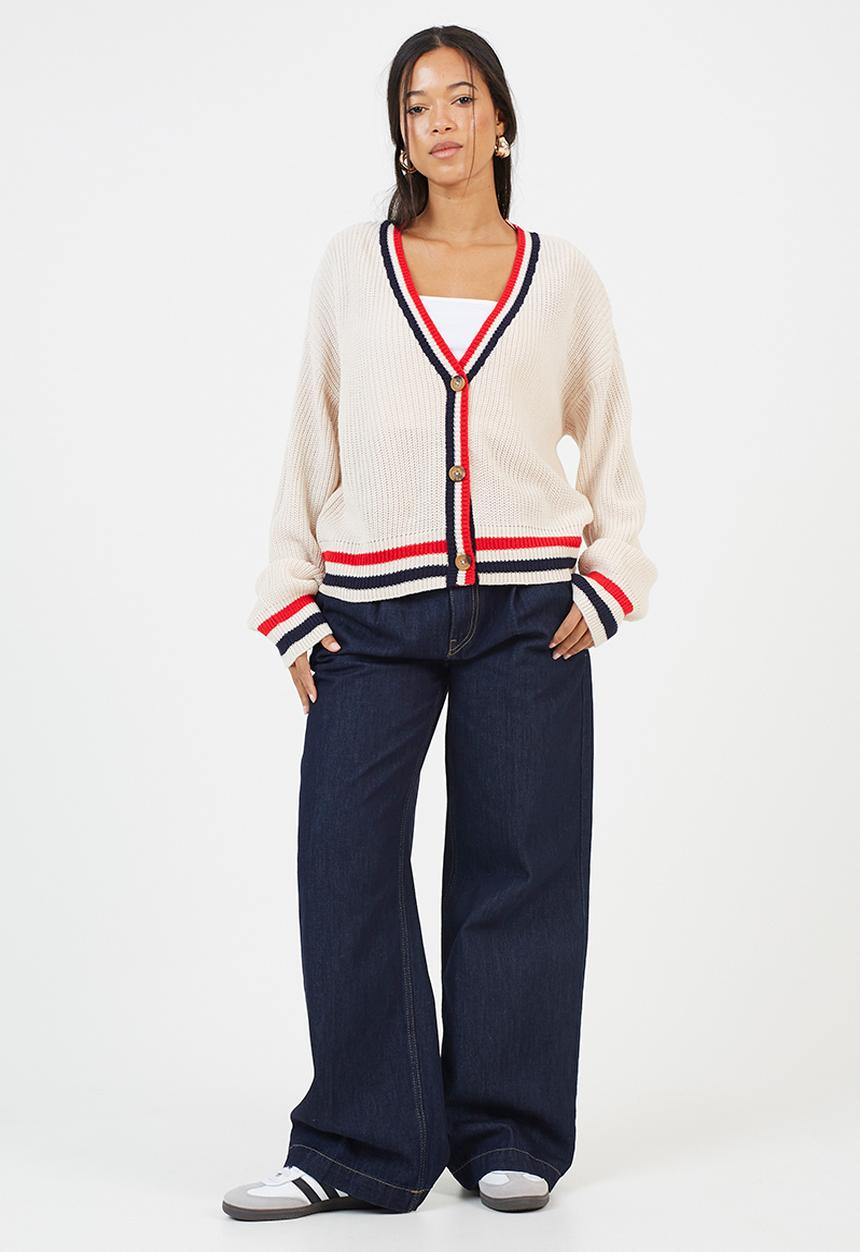 Brave Soul - Fisherman Button Through Cardi - Oatmeal/Red/Navy
