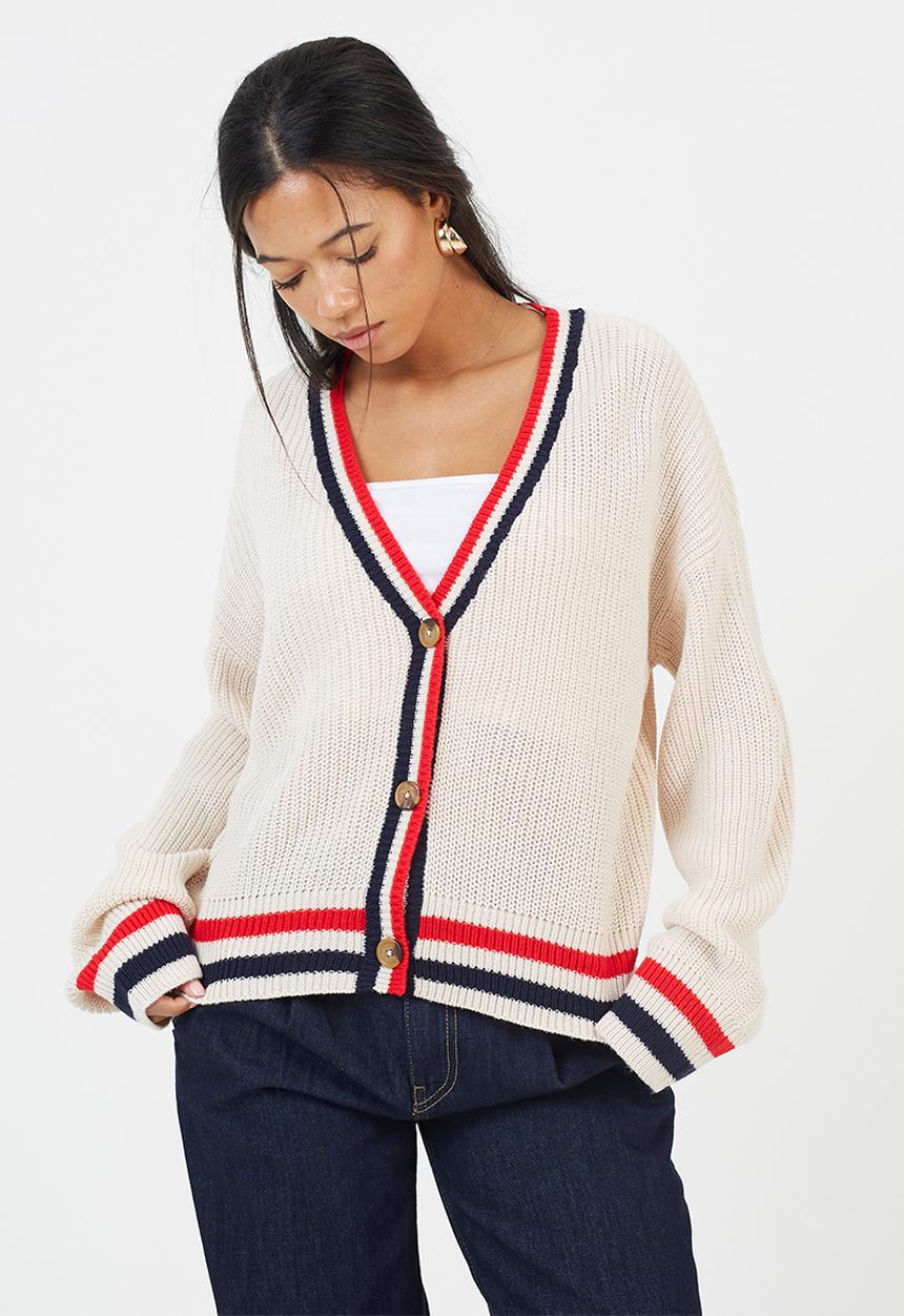 Brave Soul - Fisherman Button Through Cardi - Oatmeal/Red/Navy
