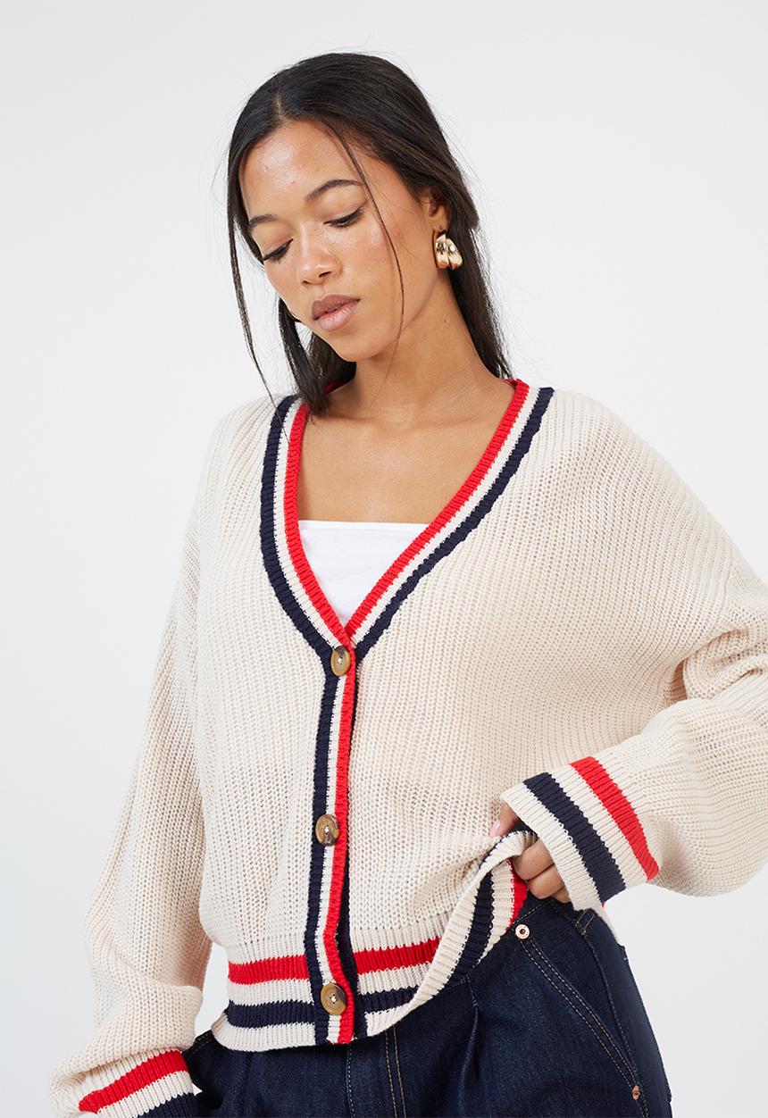 Brave Soul - Fisherman Button Through Cardi - Oatmeal/Red/Navy