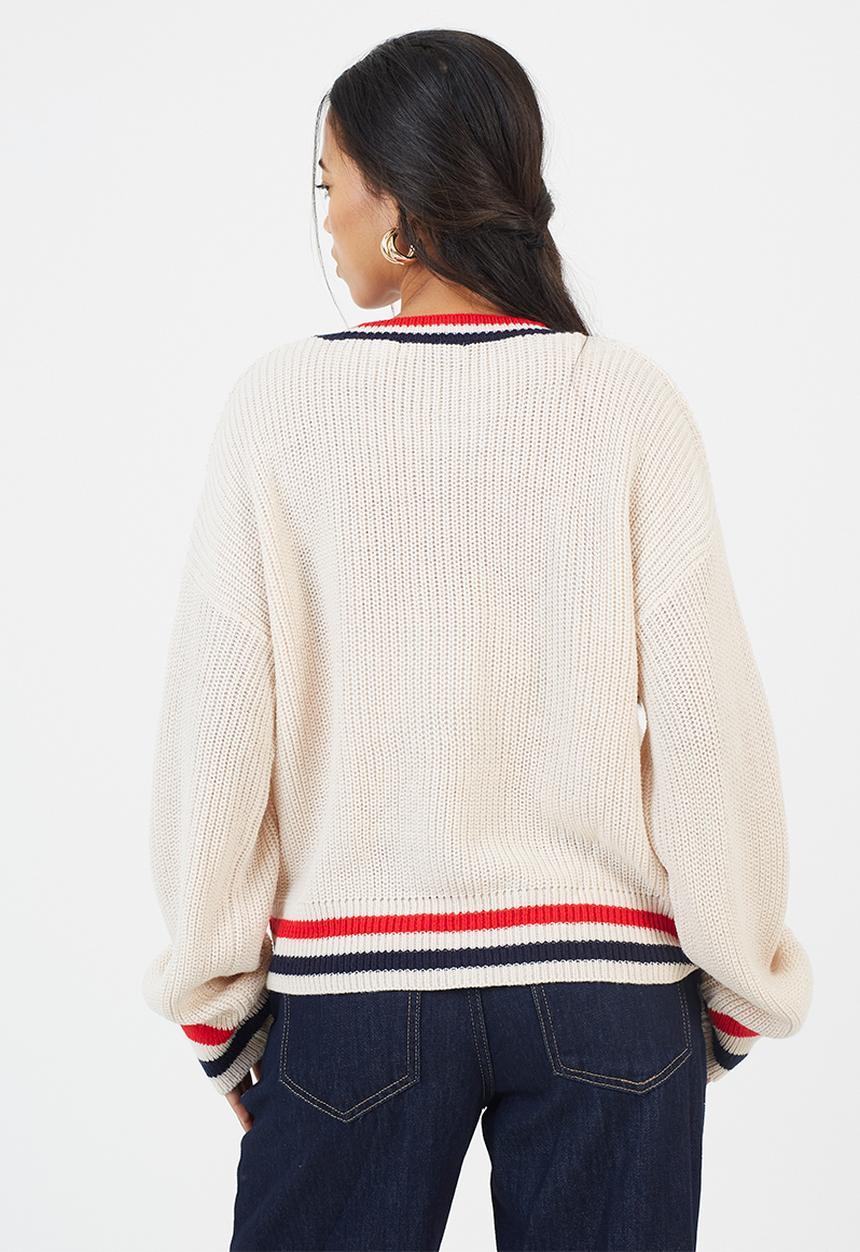 Brave Soul - Fisherman Button Through Cardi - Oatmeal/Red/Navy