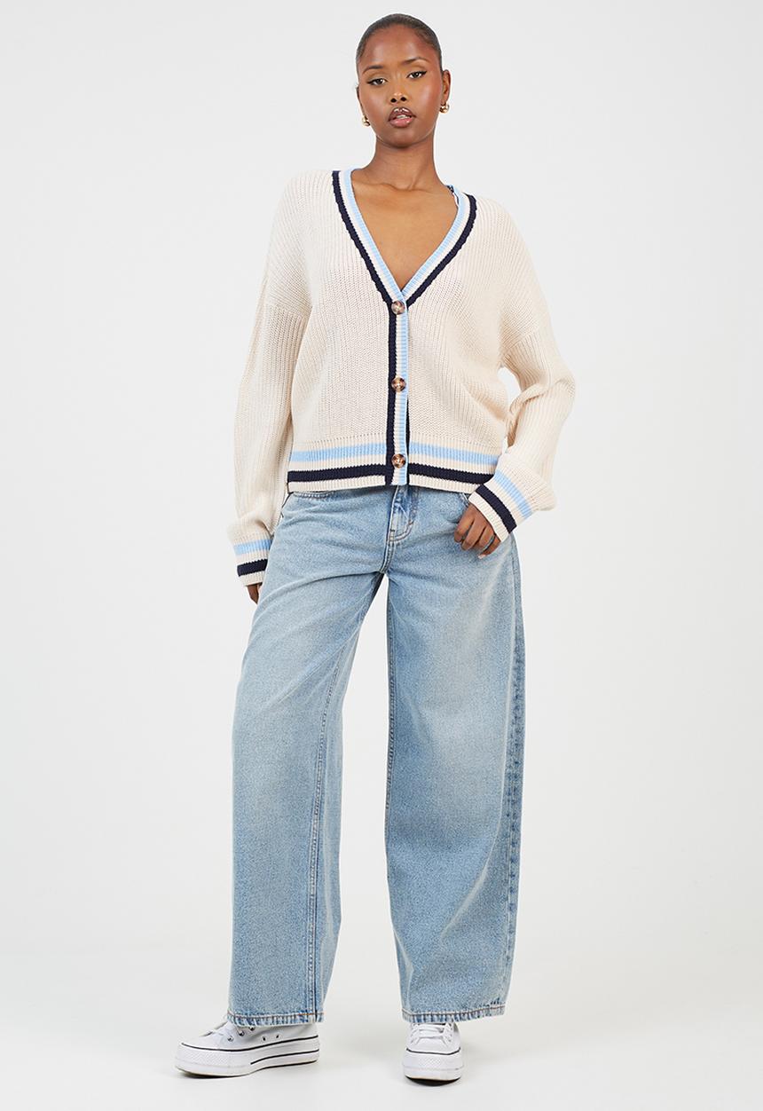 Brave Soul - Fisherman Button Through Cardi - Oatmeal/Blue/Navy