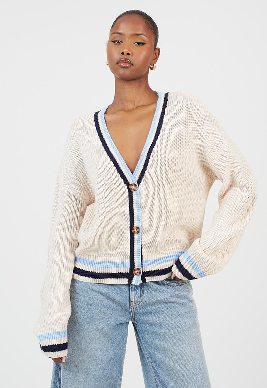 Fisherman Button Through Cardi - Oatmeal/Blue/Navy
