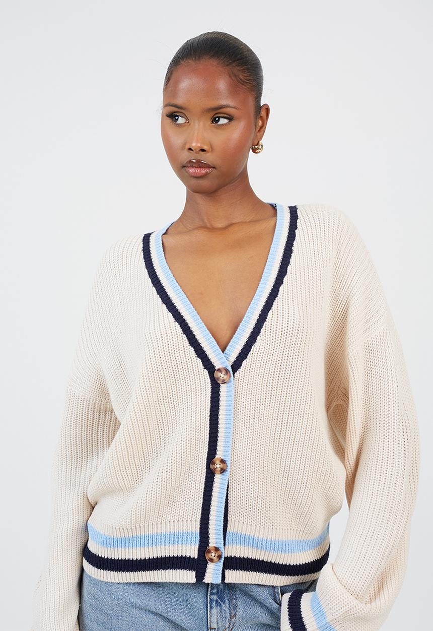 Fisherman Button Through Cardi - Oatmeal/Blue/Navy