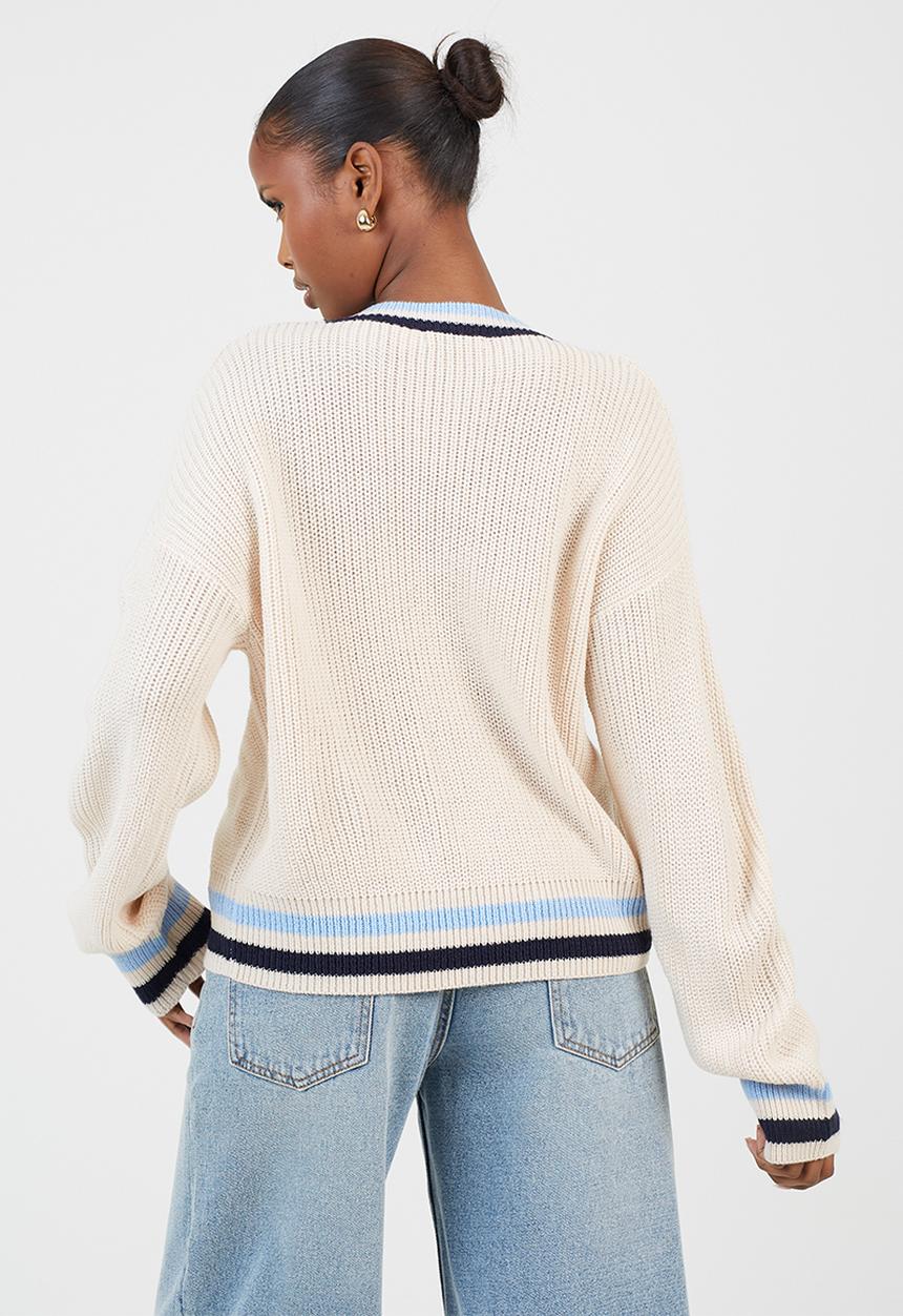 Brave Soul - Fisherman Button Through Cardi - Oatmeal/Blue/Navy