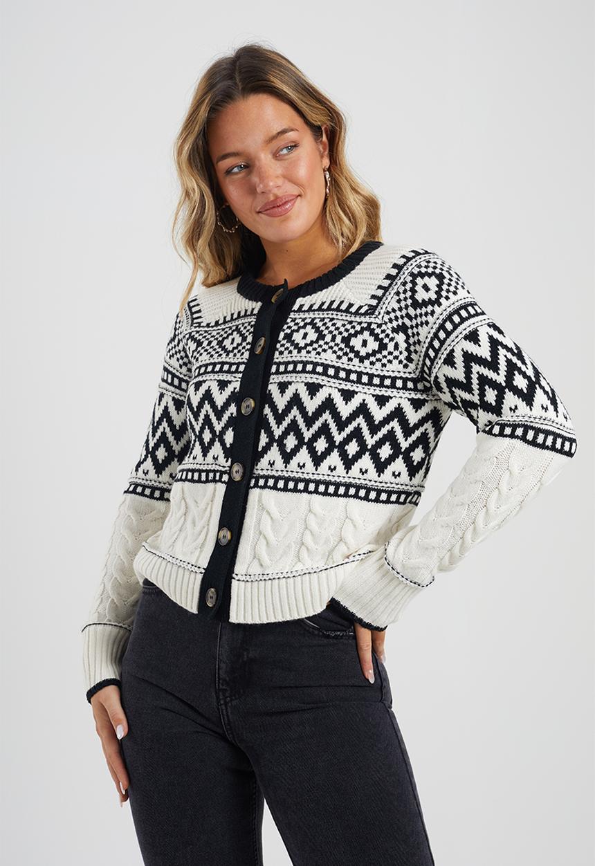 Brave Soul - Button Through Fairisle And Cable Mix Cardi - Cream/Black