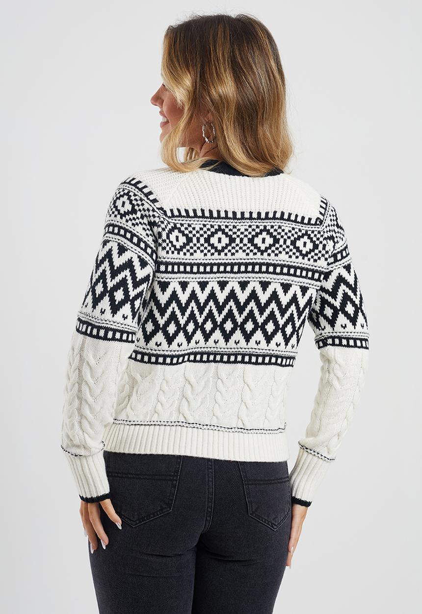 Brave Soul - Button Through Fairisle And Cable Mix Cardi - Cream/Black