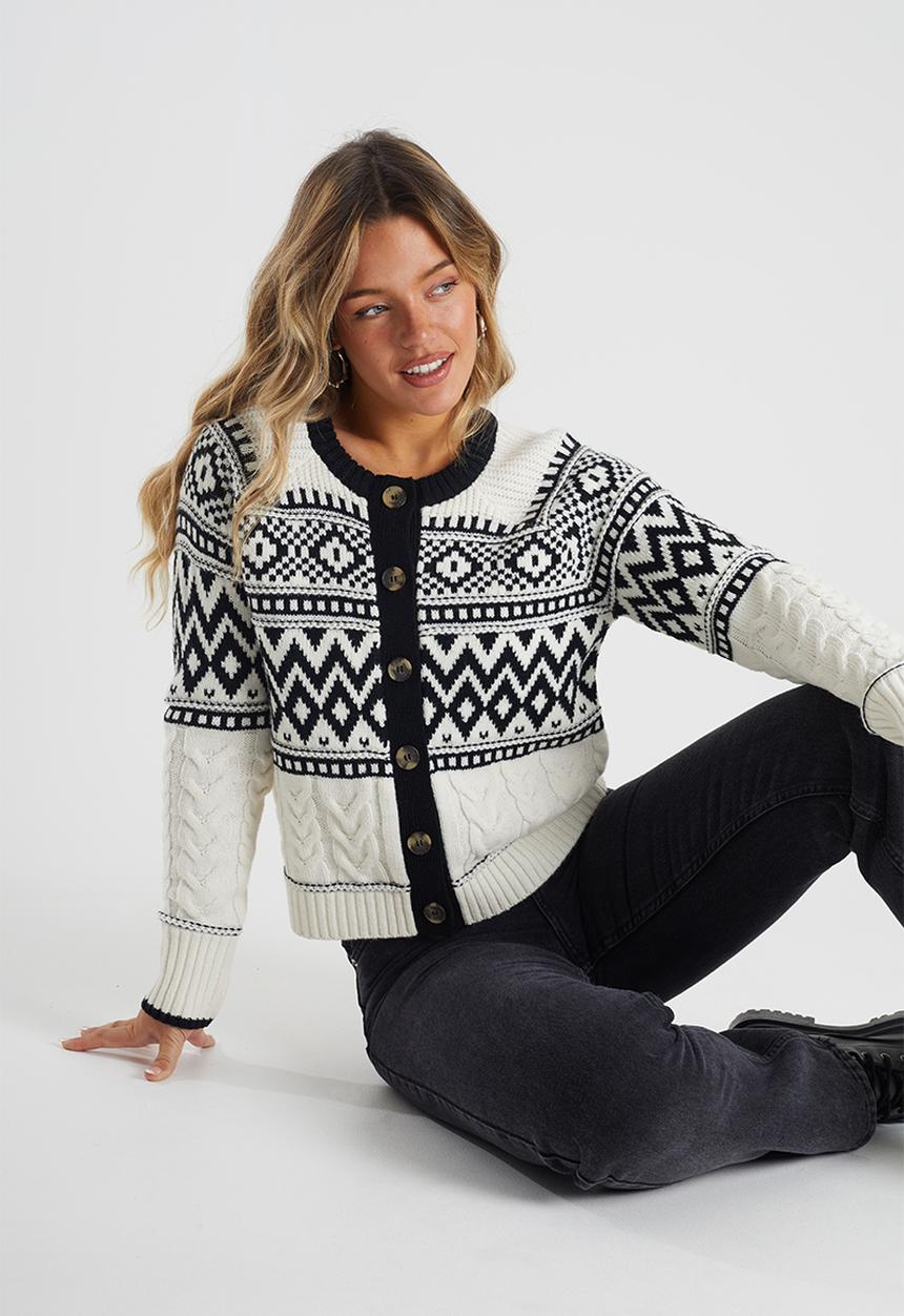 Brave Soul - Button Through Fairisle And Cable Mix Cardi - Cream/Black