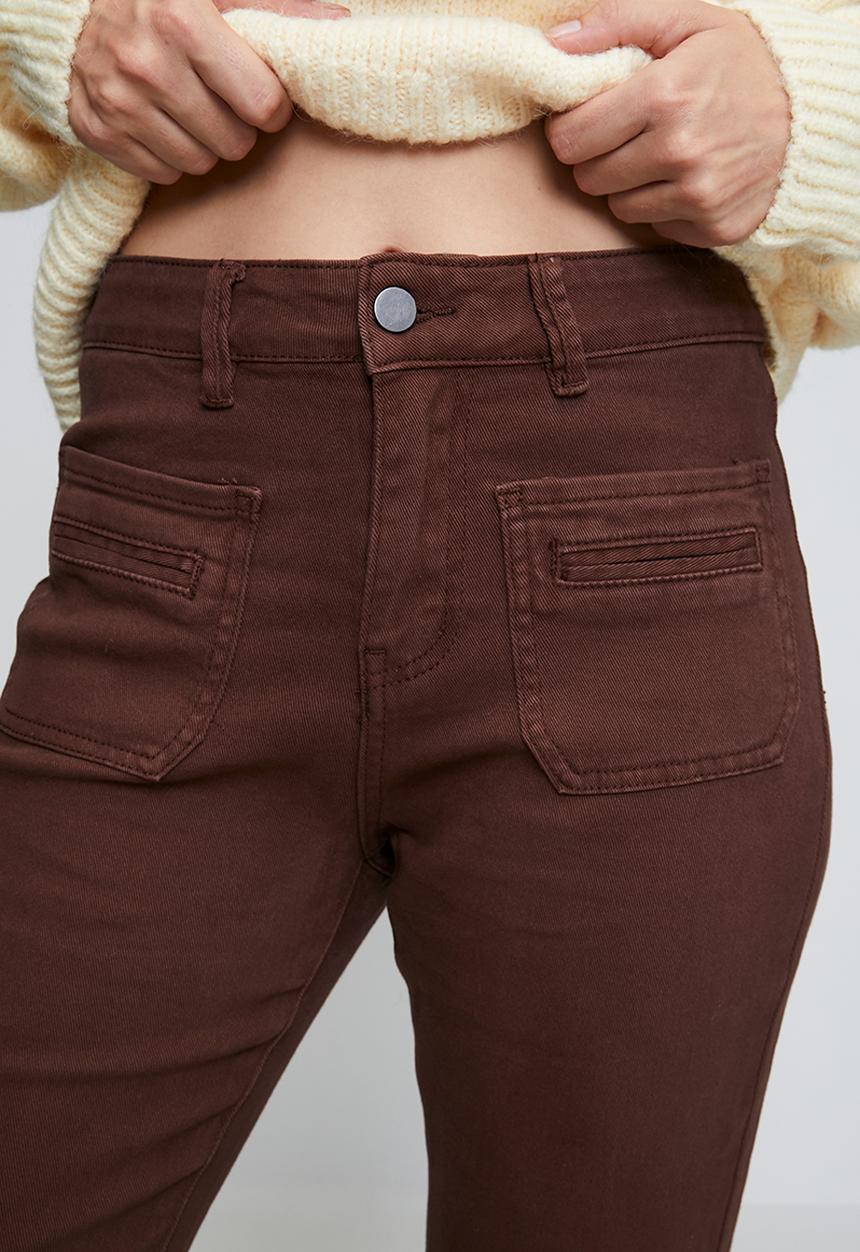 MANDI - Mid Waist Pat H Pocket Kick Flare Wide Leg - Chocolate