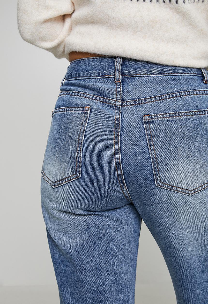 MANDI - High Waisted Wide Leg Denim Jean With Kick Flare Hem - Mid Denim