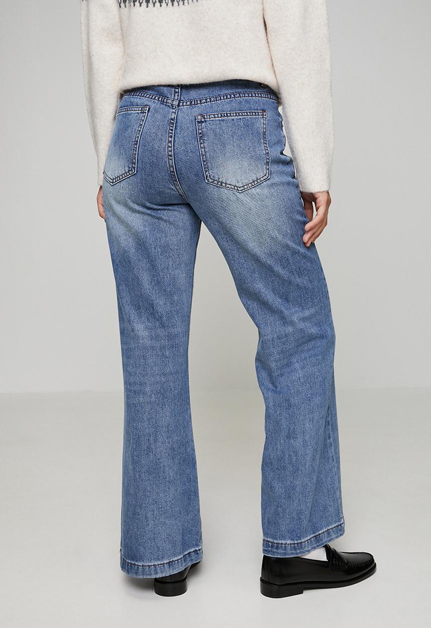 MANDI - High Waisted Wide Leg Denim Jean With Kick Flare Hem - Mid Denim