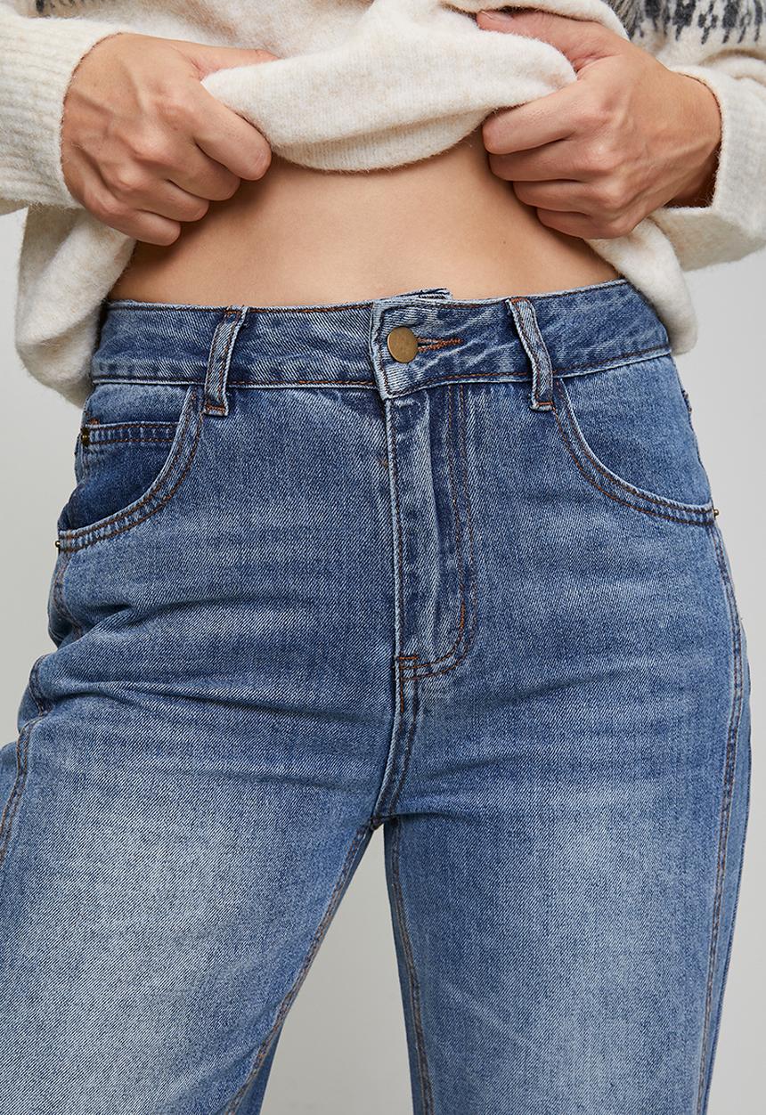 MANDI - High Waisted Wide Leg Denim Jean With Kick Flare Hem - Mid Denim