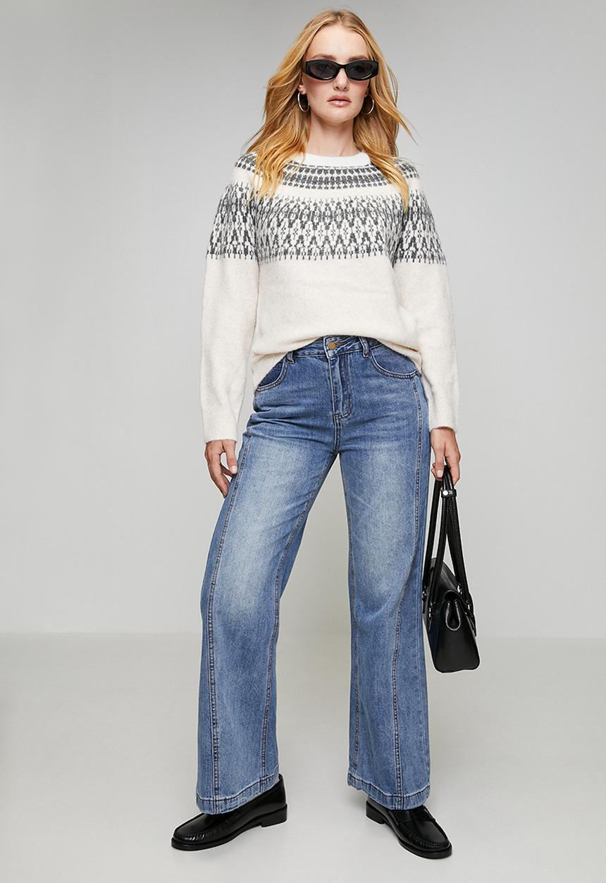 MANDI - High Waisted Wide Leg Denim Jean With Kick Flare Hem - Mid Denim