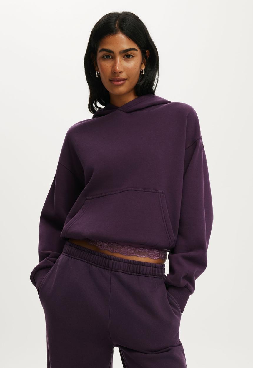 Boxy fleece hoodie - washed dark mulberry