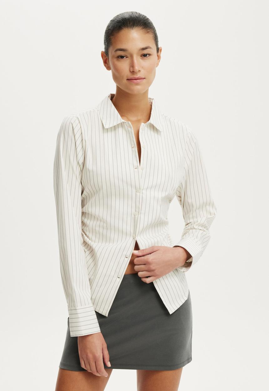 Cotton On - Peyton gathered long sleeve shirt - grey pinstripe
