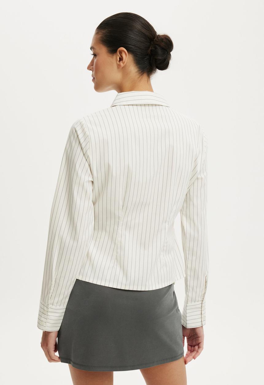 Cotton On - Peyton gathered long sleeve shirt - grey pinstripe