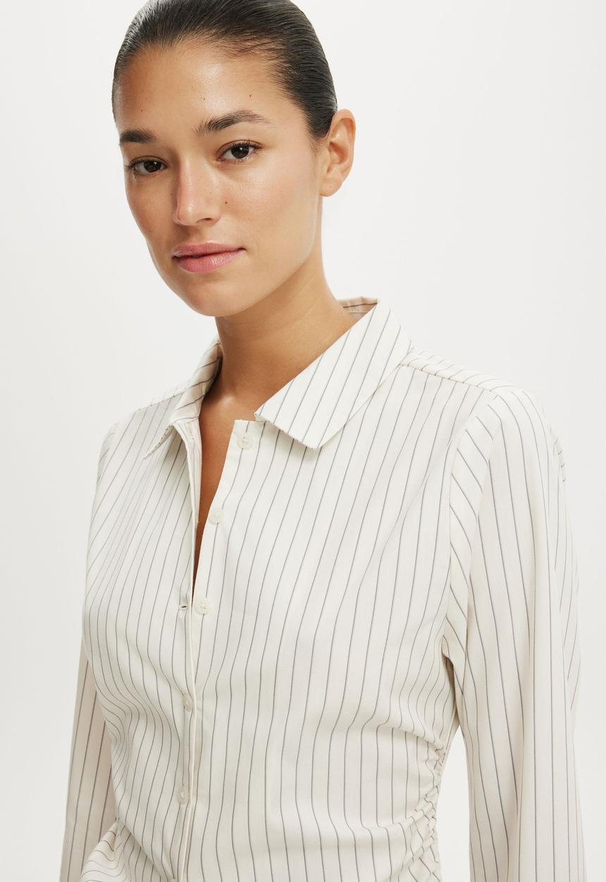 Cotton On - Peyton gathered long sleeve shirt - grey pinstripe