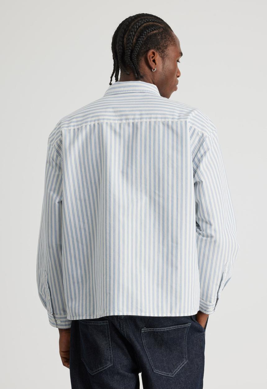 Factorie - Authentics Boxy Cropped Long Sleeve Shirt - Blue White Pinstripe