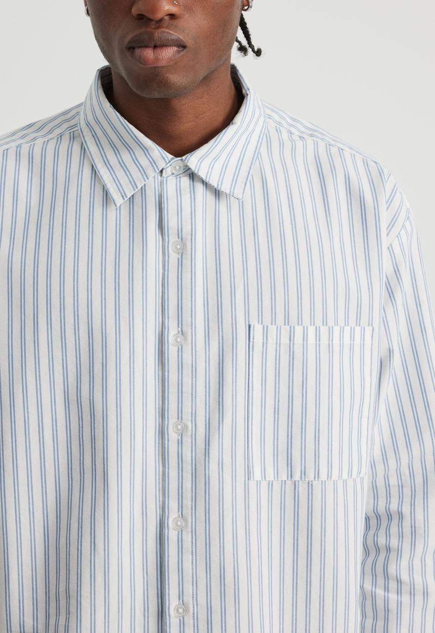 Factorie - Authentics Boxy Cropped Long Sleeve Shirt - Blue White Pinstripe