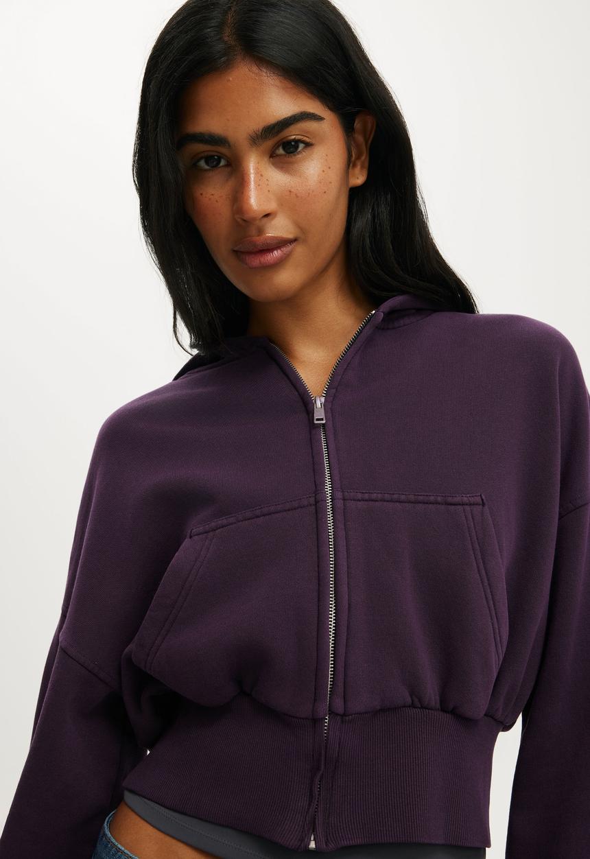 Cotton On - Oversized Zip Through Hoodie - Washed Dark Mulberry