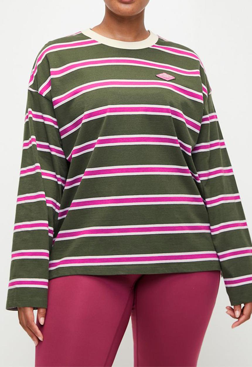 Cotton On - Plus Long Sleeve Graphic Crew - Forest Green Stripe/Badge