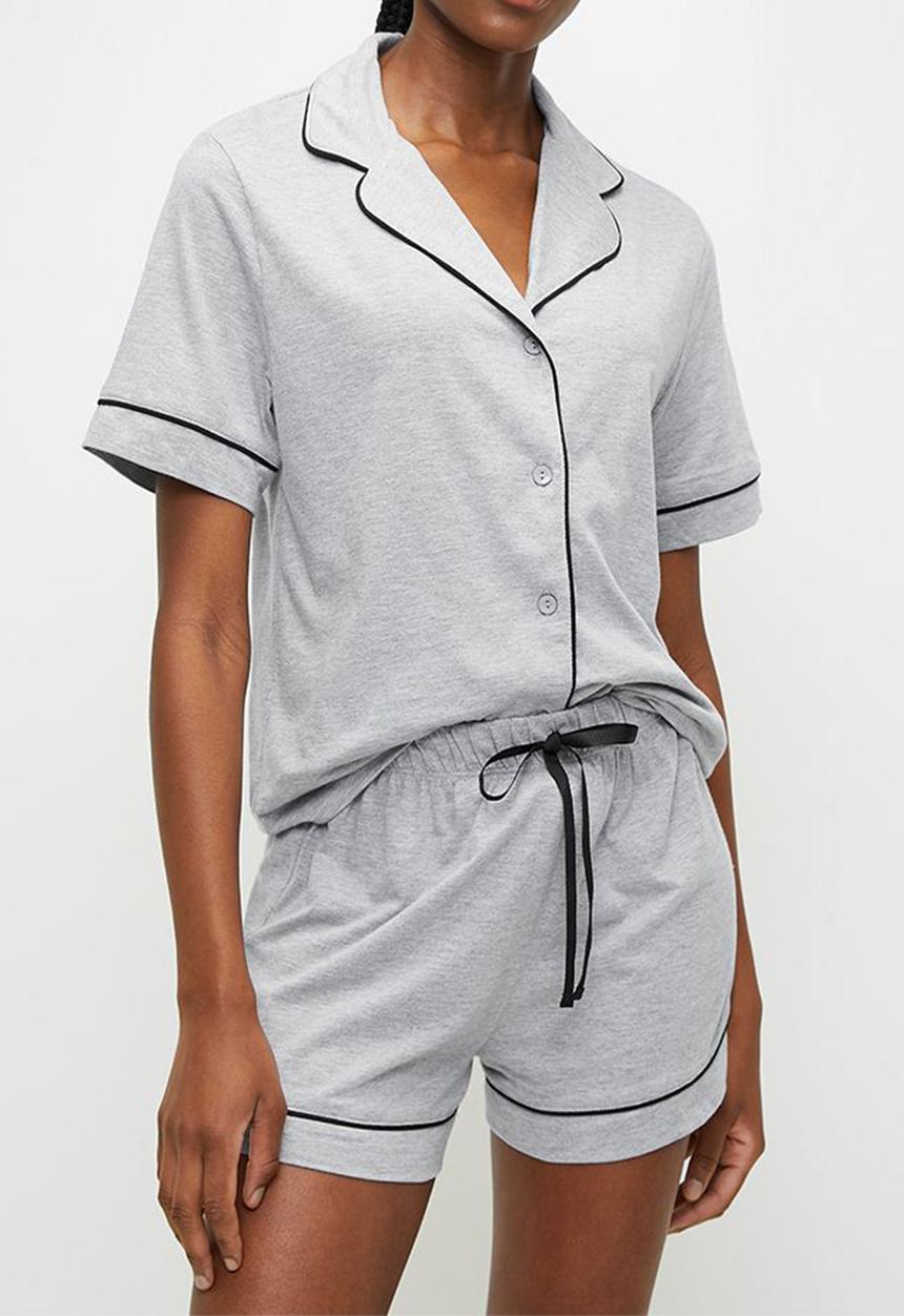 Blake - Knit button down sleep set - grey mel with white piping
