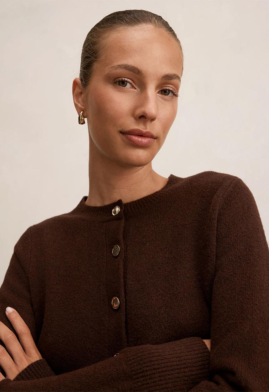 Forever New - May crew neck cardigan in deep chocolate