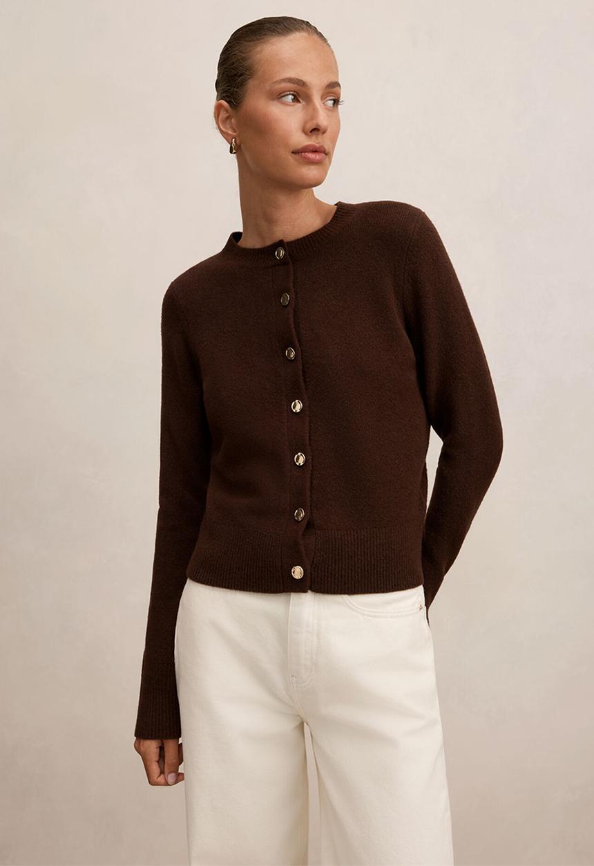 May crew neck cardigan in deep chocolate