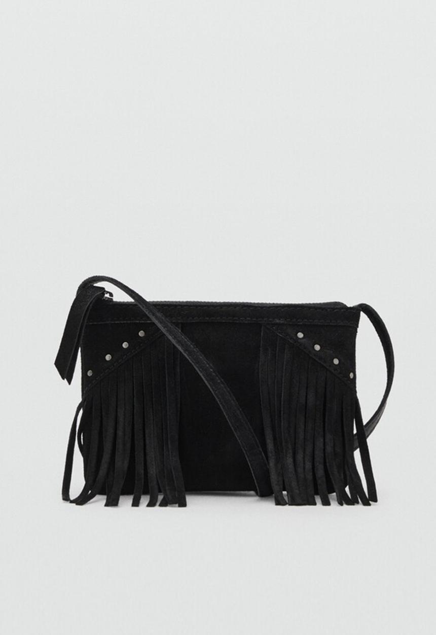 MANGO - Leather fringes bag- black