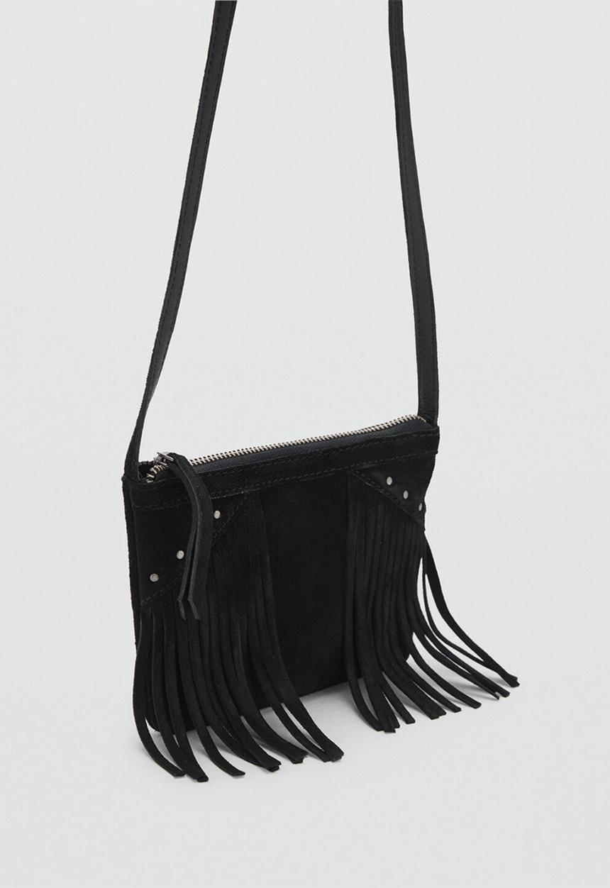 MANGO - Leather fringes bag- black