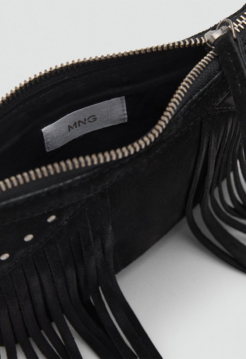 MANGO - Leather fringes bag- black