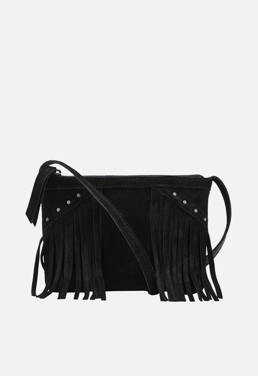 MANGO - Leather fringes bag- black