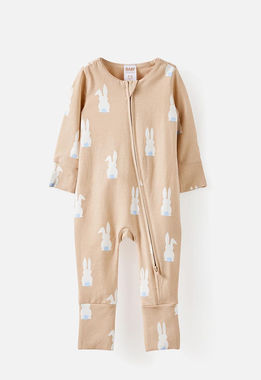Cotton On - The Long Sleeve Zip Romper - Latte Cream/Bunny Tails
