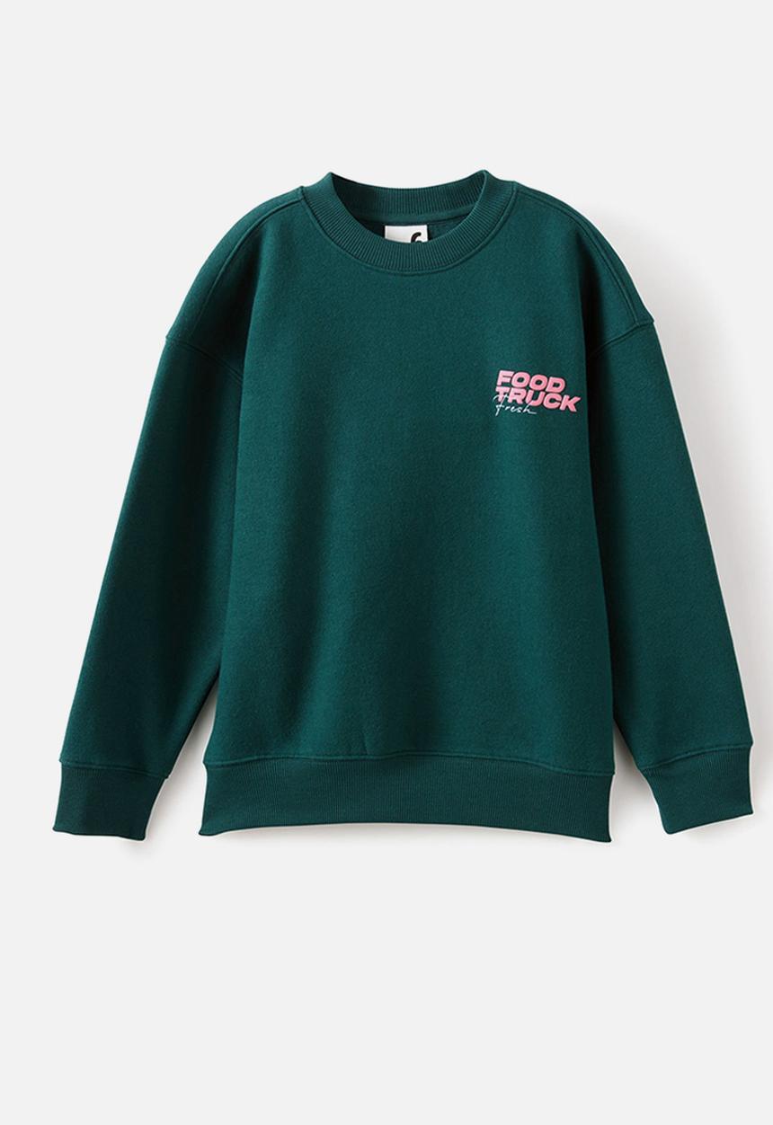 Cotton On - Sammy Oversize Crew - Winter Jade/Food Truck