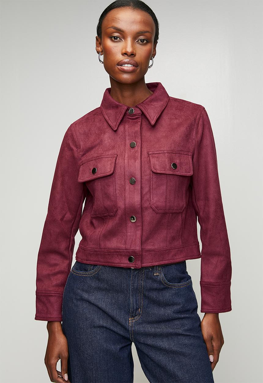 Stella Morgan - Collared Button Through Slight Crop Faux Suede Jacket - Purple