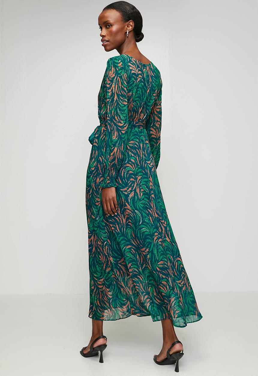Izabel London - Long sleeve Sheer Printed Maxi Dress - Teal