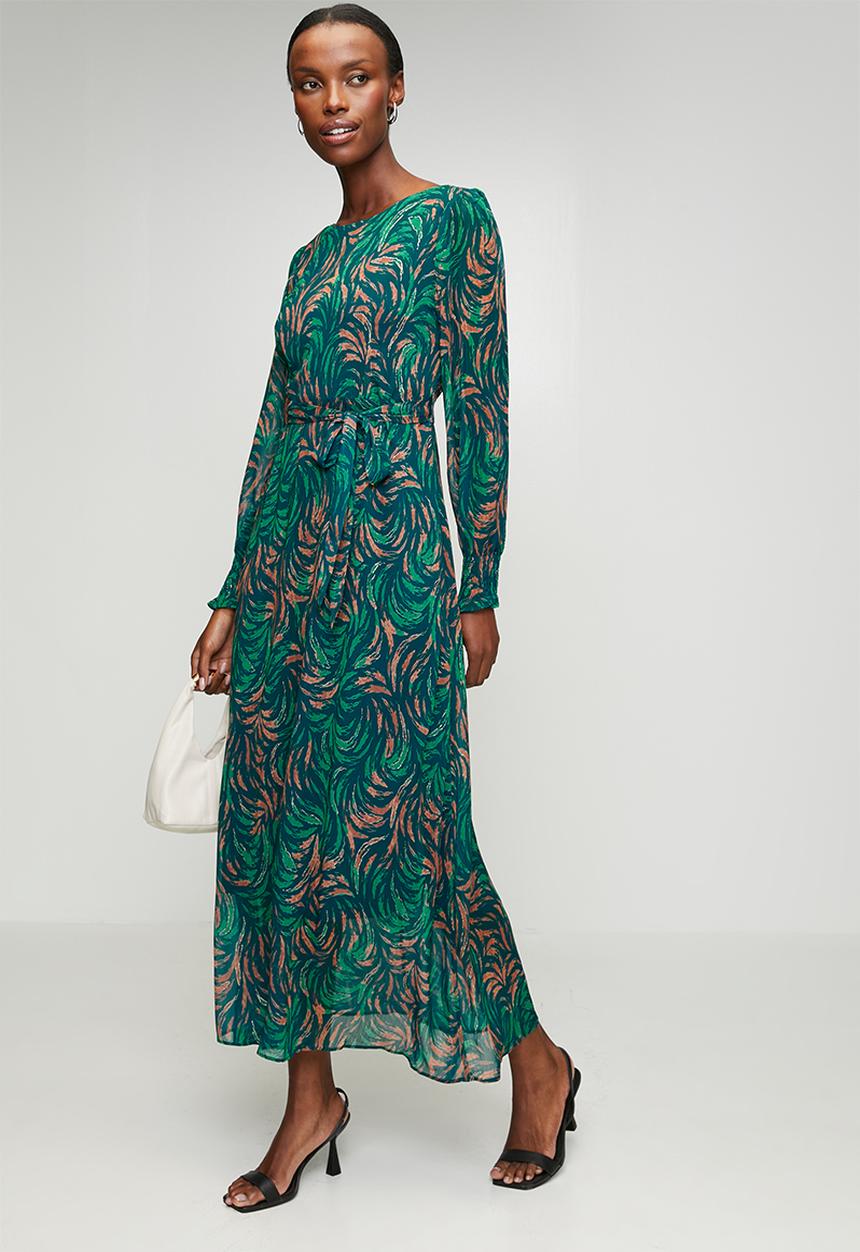 Izabel London - Long sleeve Sheer Printed Maxi Dress - Teal