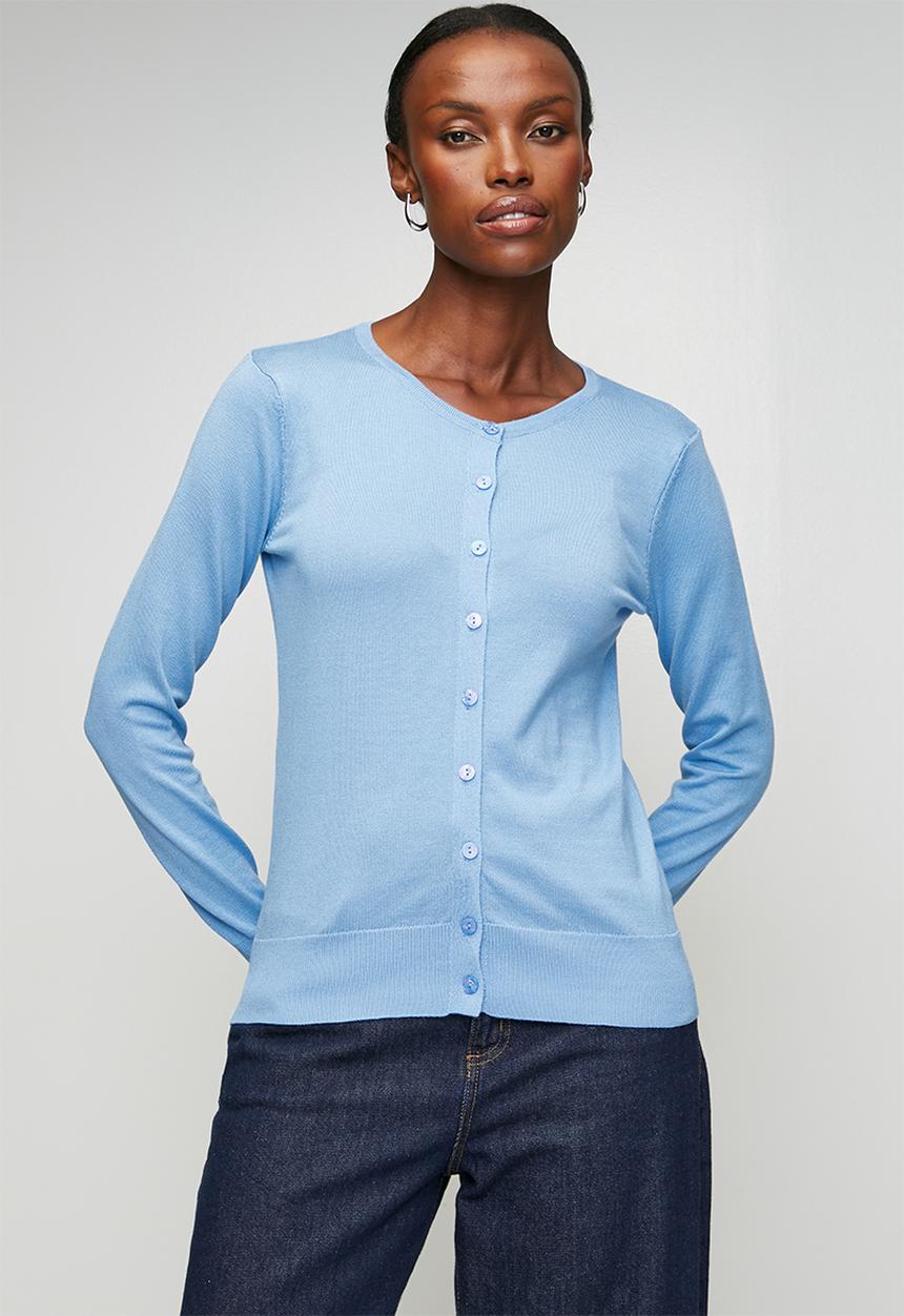 Izabel London - Long sleeve Crew Neck Button Through Cardi - Blue