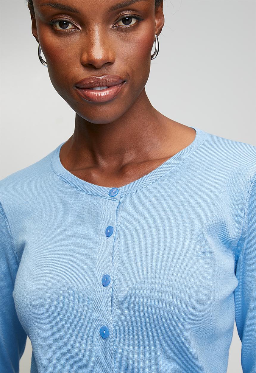 Izabel London - Long sleeve Crew Neck Button Through Cardi - Blue